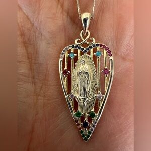 Sterling Silver 925 Guadalupe Virgin Necklace with Multicolor Cubic Zirconia